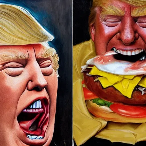 Image similar to donald trump licking a burger with his tongue out, art by jenny saville detailed, sharp, smooth