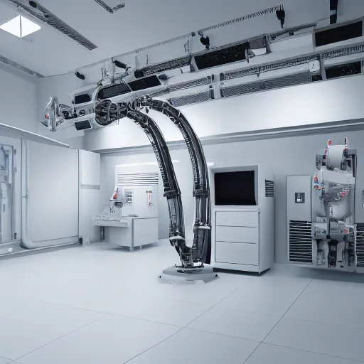 Prompt: abb industrial robot arm in a white clean room with global illumination intricate details wires