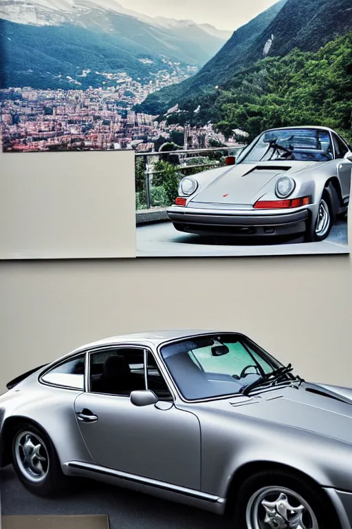 Image similar to Photo of a silver Porsche 911 Carrera 3.2, Lake Como in the background, daylight, dramatic lighting, award winning, highly detailed, 1980s Versace ad, fine art print, best selling.