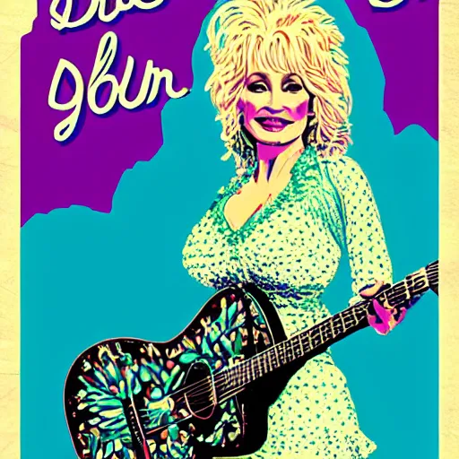 Prompt: young Dolly Parton portrait, posterized, floral, 70s poster style