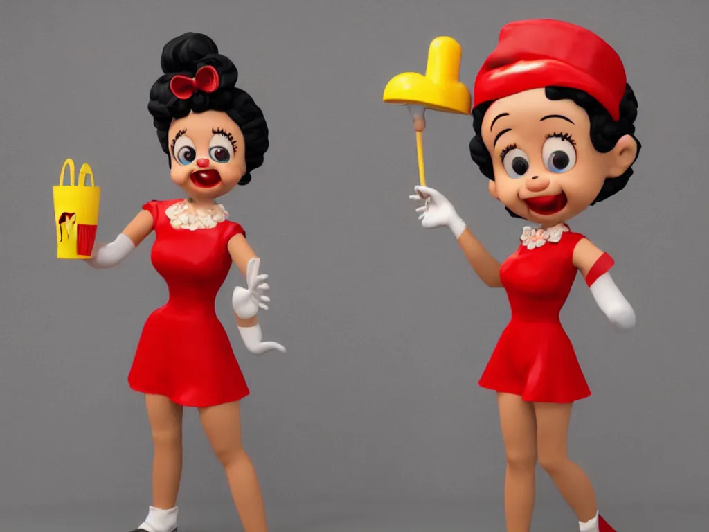 Prompt: anthropomorphic animatronic Betty Boop in Mc Donalds, real hair, dimly lit, liminal space, photorealistic, unrealengine octane 3d render