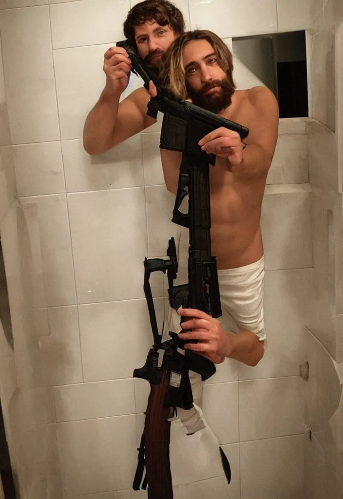 Image similar to jesus christ posing on instagram in his bathroom with an m 1 6