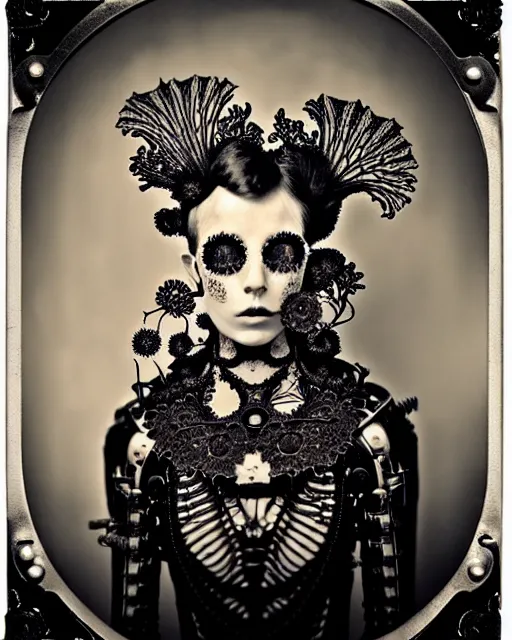 Prompt: surreal black and white tintype photo portrait of complex bio-mechanical beautiful young female vegetal-cyborg with a Mandelbrot fractal steampunk metal fine lace face, a very long neck and a fine metal floral foliage super big lace collar by Alexander McQueen:: smoke, high fashion, haute couture, rococo, steampunk, silver filigree details, anatomical, facial muscles, cable wires, microchip, elegant, dreamy, foggy atmosphere, hyper realistic, 150 mm lens, soft rim light, octane render, unreal engine, picture was taken in 1910 by Man Ray, volumetric lighting, dramatic light,8k,