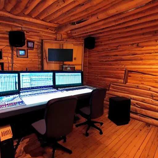 Image similar to super cool and cozy music studio at night cottagecore interior