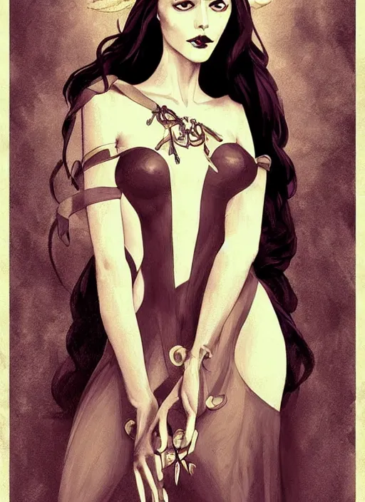 Prompt: tarot!!, high priestess, no noise, elegant, concept art, sharp focus, beautiful face!!, digital art, smooth defined outlines!!, human anatomy, human structure, vector background, dark fairy queen, by Brom, trending on Artstation, Tom Bagshaw, Sargent