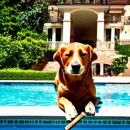 Image similar to a very detailed photo of a dog smoking a cigar outside the mansion by the pool