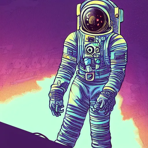 Image similar to a detailed illustration of a cyberpunk astronaut in the style of moebius, pastell colors