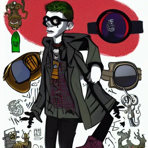 Image similar to a nerdy goth guy wearing goggles and eccentric jewelry by jamie hewlett :: full body character concept art, full body, detailed