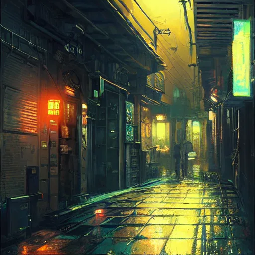 Image similar to a ultra detailed beautiful painting of a dark alleyway in a cyberpunk city at nighttime, oil panting, high resolution 4 k, by ilya kuvshinov, greg rutkowski and makoto shinkai