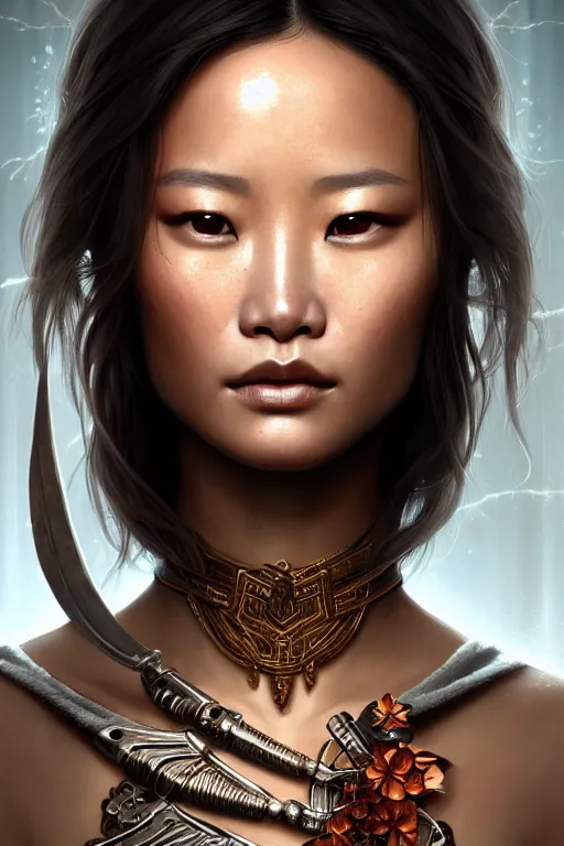 Prompt: symmetry!! portrait of jamie chung in the style of god of war, machine parts embedded into face, intricate, elegant, highly detailed, digital painting, artstation, concept art, smooth, sharp focus, illustration, art by artgerm and greg rutkowski and alphonse mucha, 8 k