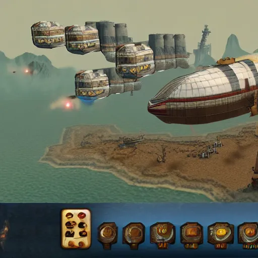 Prompt: airships conquer the skies, computer game, steam, screenshots