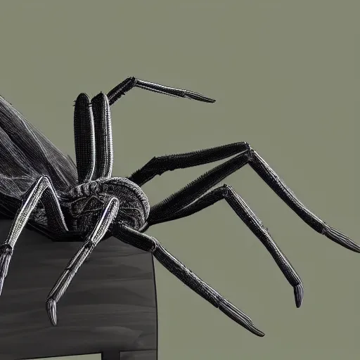 Image similar to arachnid sitting in chair, photorealistic