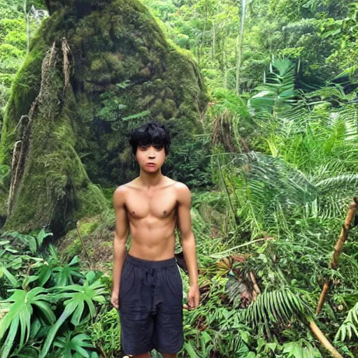 Image similar to jungle book mowgli who is a 2 0 year old korean with large muscles and with long unkempt and slightly curly hair, holding a torch in one hand and an iphone in the other hand, standing in the jungles of jeju island