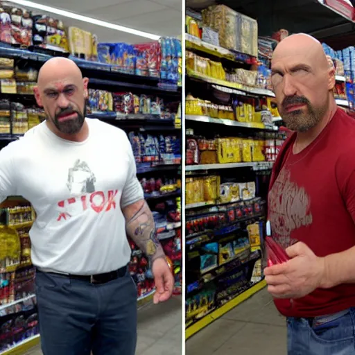 Image similar to kratos from god of war shopping at a walmart with walter white