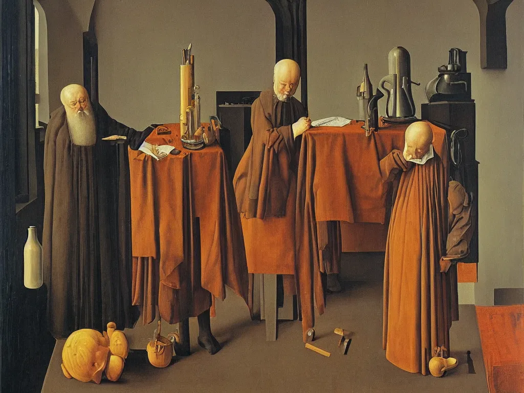 Image similar to obituary for an alchemist. painting by jan van eyck, rene magritte