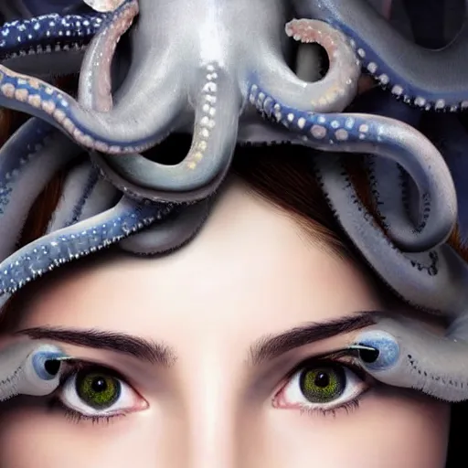 Image similar to A girl with a gray octopus for hair, very young and beautiful face, silver eyes, HD, hyper realistic