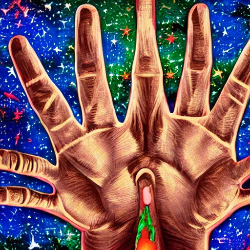 Image similar to cosmic hand eaten by cannibal ecclesial fraternity, intricate, aesthetic, artistic, 8 k resolution