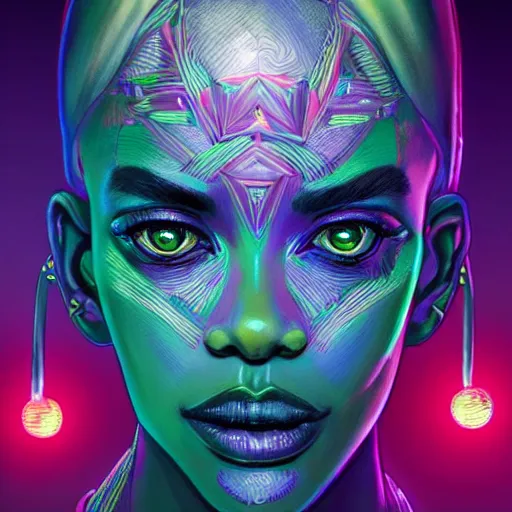 Image similar to african neon necromancer, science fiction, highly detailed, digital painting, beautiful eyes, symmetry, concept art, sharp focus, illustration, global illumination, radiant light, synthwave colors, detailed and intricate environment, art by artgerm and greg rutkowski and magali villeneuve and ilya kuvshinov!