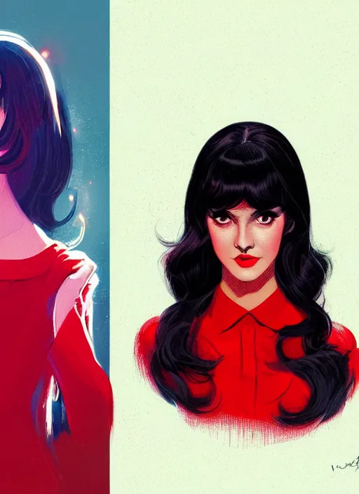 Image similar to portrait of veronica lodge with bangs, 1 9 6 0 s, long hair, red clothes, bangs, intricate, elegant, glowing lights, highly detailed, digital painting, artstation, concept art, smooth, sharp focus, illustration, art by wlop, mars ravelo and greg rutkowski