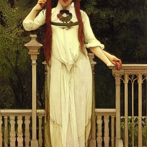 Image similar to A girl with on the front of a Balustrade porch with a hedge maze on the background, major arcana occult clothes, by paul delaroche, alphonse mucha and arnold böcklin arnold böcklin hyperrealistic 8k, very detailed