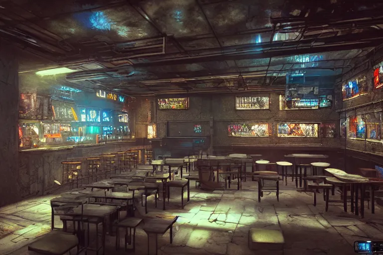 Prompt: ultra mega super hyper realistic Digital concept interior design of cyberpunk tavern with stone walls and neon lights, a lot of electronics, many details in style of Hiromasa Ogura and Josan Gonzalez. Natural white sunlight from the transperient roof. Rendered in VRAY and DaVinci Resolve and MAXWELL and LUMION 3D, Volumetric natural light