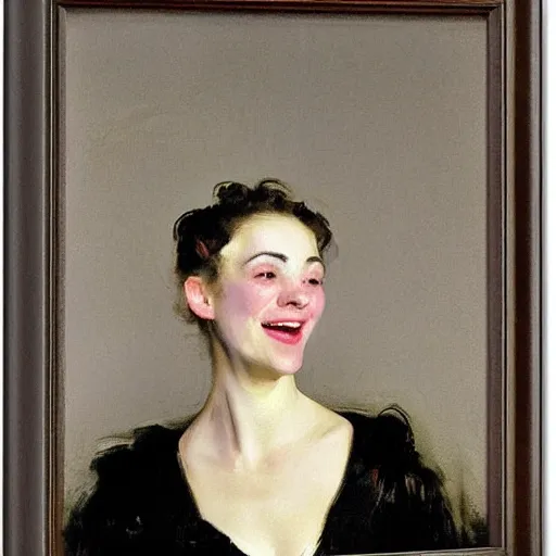 Prompt: portrait of a woman so happy, her face hurts, by john singer sargent