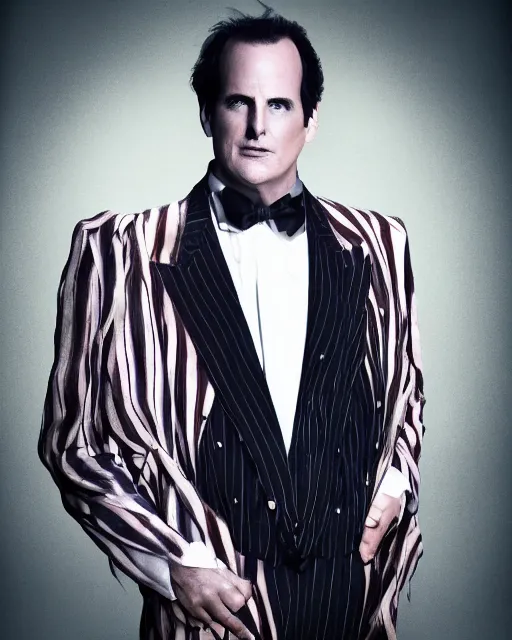 Prompt: Will Arnett as Beetlejuice, makeup, cinematic lighting, 4k photograph