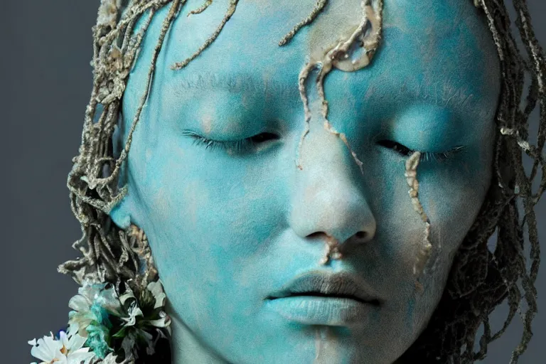 Prompt: a sculpture of a beautiful woman with flowing tears, turquoise and beige fractal flowers on the skin, intricate, a marble sculpture by nicola samori, behance, neo - expressionism, marble sculpture, made of mist, still frame from the prometheus movie by ridley scott with cinematogrophy of christopher doyle, arri alexa, 8 k