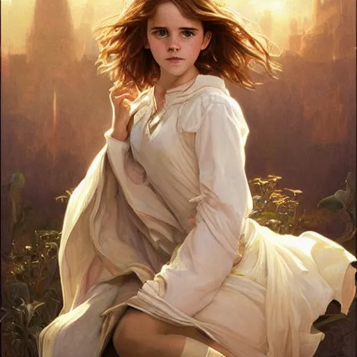 Prompt: painting. [ young ] emma watson as hermione granger 2 0 0 4. prisoner of azkaban. cheerful. happy. art by artgerm and greg rutkowski and alphonse mucha. during golden hour. extremely detailed. beautiful. 4 k. award winning.