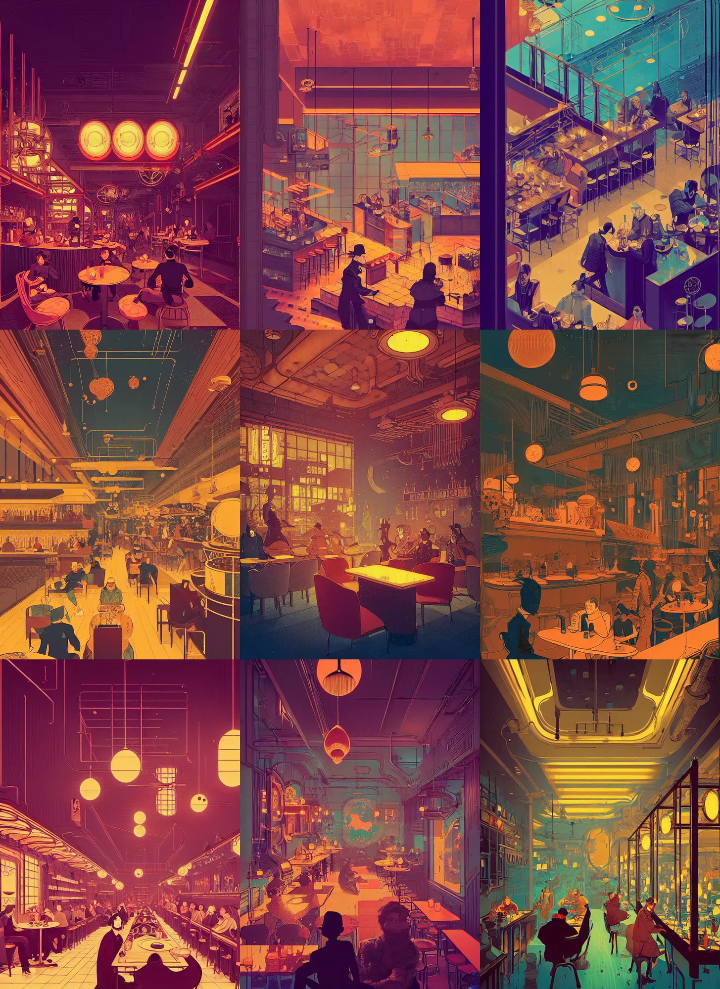 Prompt: ( ( dither ) ), editorial illustration interior of a busy steampunk cafe, modern art deco, colorful, ( ( mads berg ) ), christopher balaskas, victo ngai, rich grainy texture, detailed, dynamic composition, wide angle, moebius,