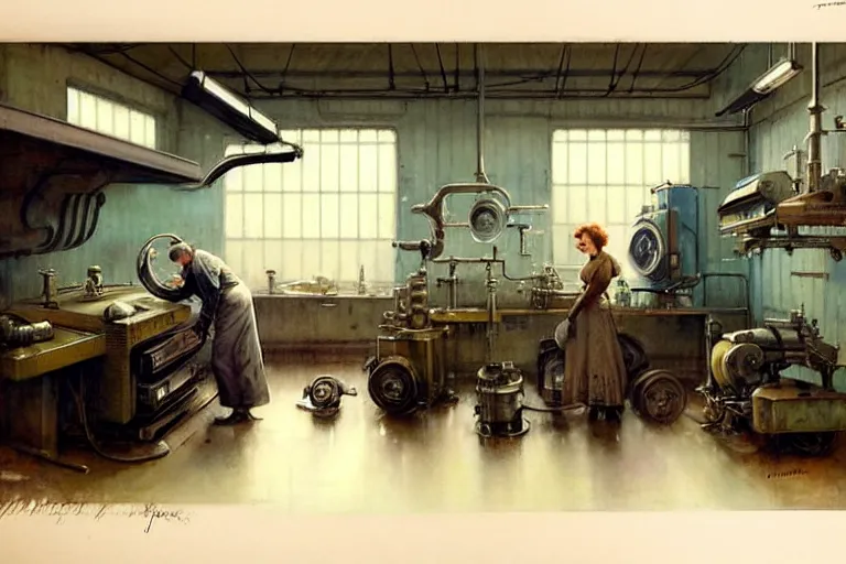 Image similar to ( ( ( ( ( 1 9 5 0 s retro science fiction mechanics shop interior scene. muted colors. ) ) ) ) ) by jean - baptiste monge!!!!!!!!!!!!!!!!!!!!!!!!!!!!!!