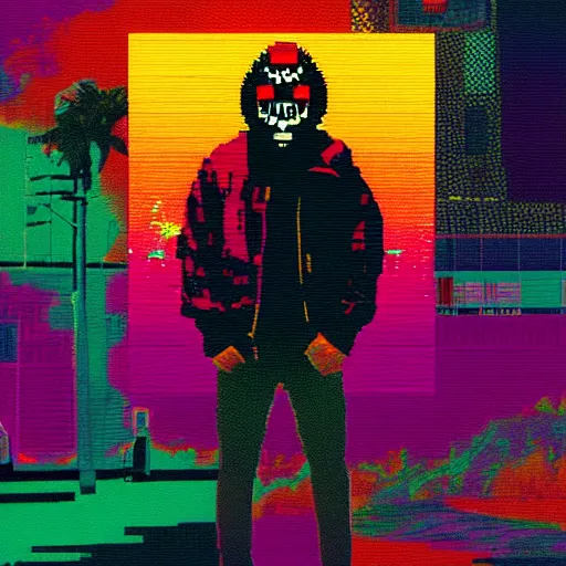 Image similar to Jacket from hotline miami, pixel sorting, glitch art, vaporwave, portrait, painting