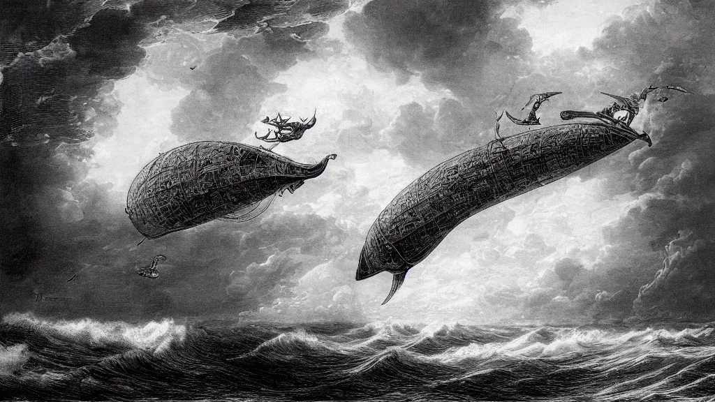 Image similar to drawing of one giant steampunk zeppelin flying above a stormy ocean, by gustave dore, nineteenth century, black and white, vintage, science fiction, epic composition, dramatic lighting, highly detailed, cinematic