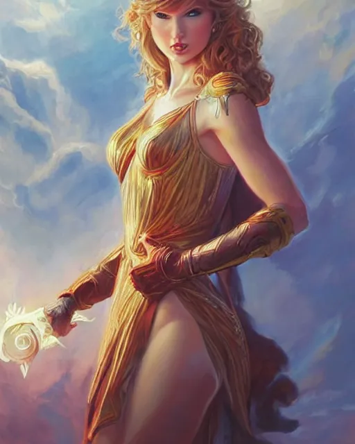 Image similar to portrait of taylor swift as a beautiful greek goddess, jesper ejsing, artgerm, artstation, halo of light