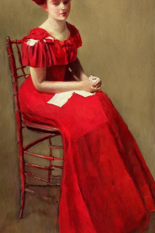 Prompt: a red dress folded over a chair. in the victorian era. in the style of american impressionism painting. triadic color scheme