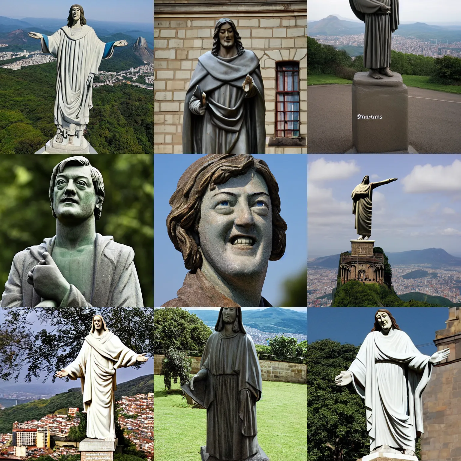 Prompt: a statue of stephen fry as christ the redeemer