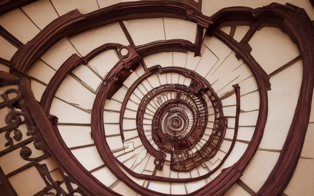 Prompt: 3d rendering of looking directly down a spiral staircase from above with maroon carpet and a wooden handrail, hd, hdr, cinematic 8k, ultra detailed, high resolution