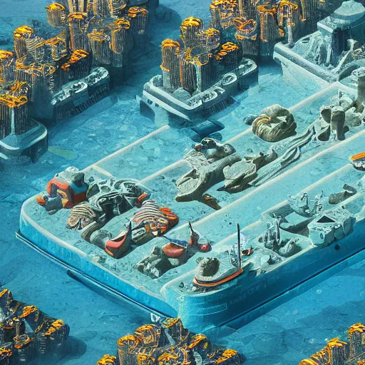 Prompt: an underwater city with submarine transporting people