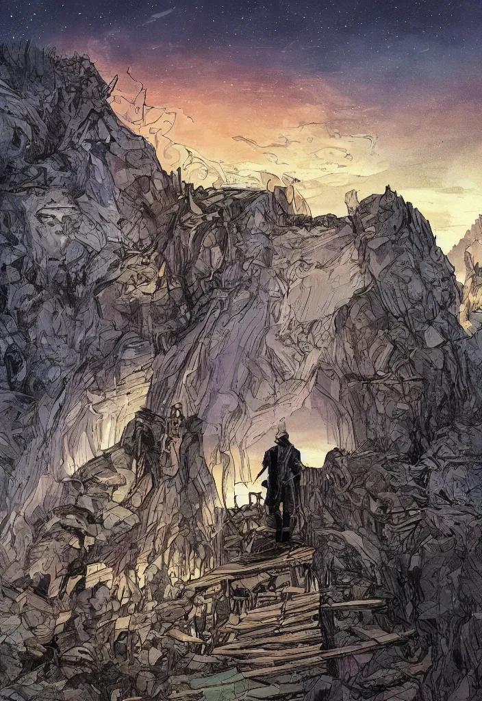 Image similar to western comic book art of a man in a jacket crossing a old wooden bridge over a cliffside looking up at a mountain temple made of crystal and gemstone, epic, glowing, night, illustration