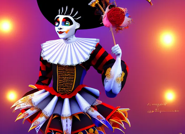 Image similar to award winning digital art of a magnificent pierrot jester wearing a traditional pierrot outfit, performing at a magnificent carnival, beautiful background, trending artstation, digital art, aesthetic, bloom, intricate, elegant, sharp focus, digital illustration, highly detailed, octane render, digital painting, concept art, witchlight carnival, masterpiece