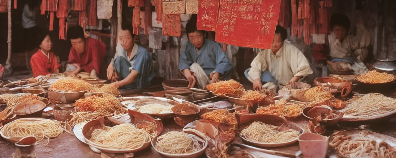 Image similar to spaghetti stall at the height of the jin dynasty in ancient china, afternoon glow, canon 5 0 mm, wes anderson film, kodachrome, retro