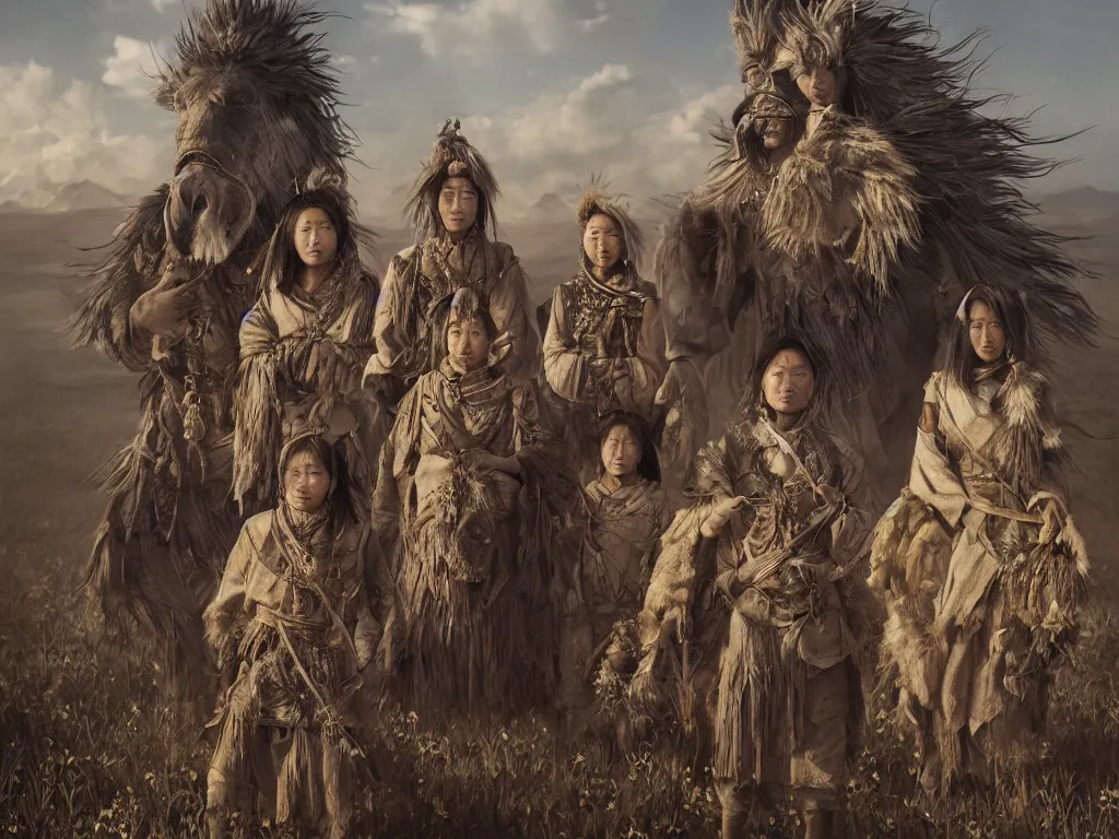 Image similar to a fancy portrait of the mighty sunflower people, a powerful mongolian tribe that lives in a vast barren valley where helianthus grow, by Greg Rutkowski, Sung Choi, Mitchell Mohrhauser, Maciej Kuciara, Johnson Ting, Maxim Verehin, Peter Konig, Bloodborne, macro lens, 35mm, 8k photorealistic, cinematic lighting, HD, high details, atmospheric