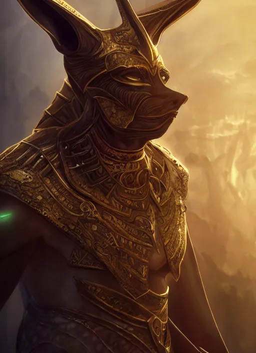 Prompt: anubis, ultra detailed fantasy, elden ring, realistic, dnd character portrait, full body, dnd, rpg, lotr game design fanart by concept art, behance hd, artstation, deviantart, global illumination radiating a glowing aura global illumination ray tracing hdr render in unreal engine 5