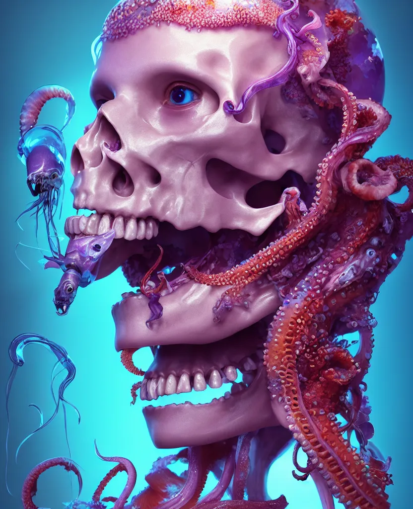 Image similar to goddess close - up portrait human skull, ram skull, squid phoenix jellyfish, orchid, betta fish, bioluminiscent, intricate artwork by tooth wu and wlop and beeple. octane render, trending on artstation, greg rutkowski very coherent symmetrical artwork. cinematic, hyper realism, high detail, octane render, 8 k