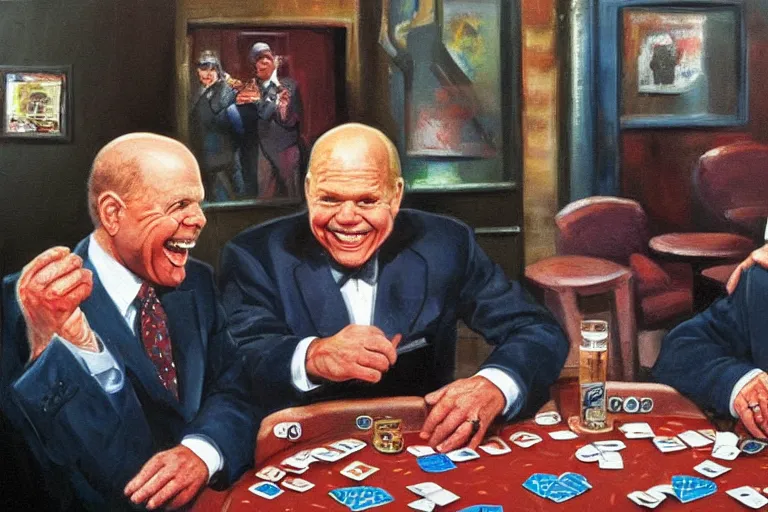 Image similar to don rickles and 1993 johnny carson are laughing and playing poker in a smoky old pub, oil painting by wilson mclean, sharp focus, masterpiece, highly detailed