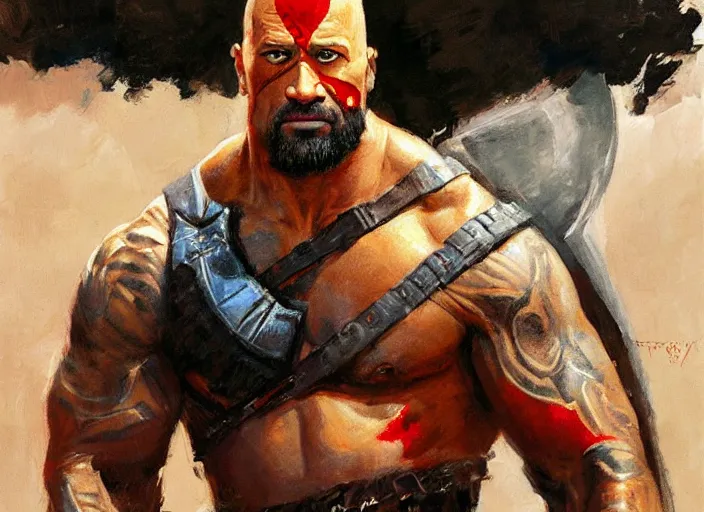 Prompt: a highly detailed beautiful portrait of dwayne johnson as kratos, by gregory manchess, james gurney, james jean