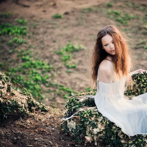 Image similar to , a girl covered in vines sitting on a rock 5 0 mm lens, f 1. 4, sharp focus, ethereal, emotionally evoking, head in focus, volumetric lighting, blur dreamy outdoor,