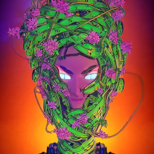 Image similar to colourful vfx art - portrait of army mecha robot wrapped in flowers & vines, art by utagawa kunisada & james jean, volumetric light, ray tracing, sharp, detailed, digital painting, illustration, highly detailed, intricate detail, unreal engine, octane render, global light, pinterest, behance, art station,