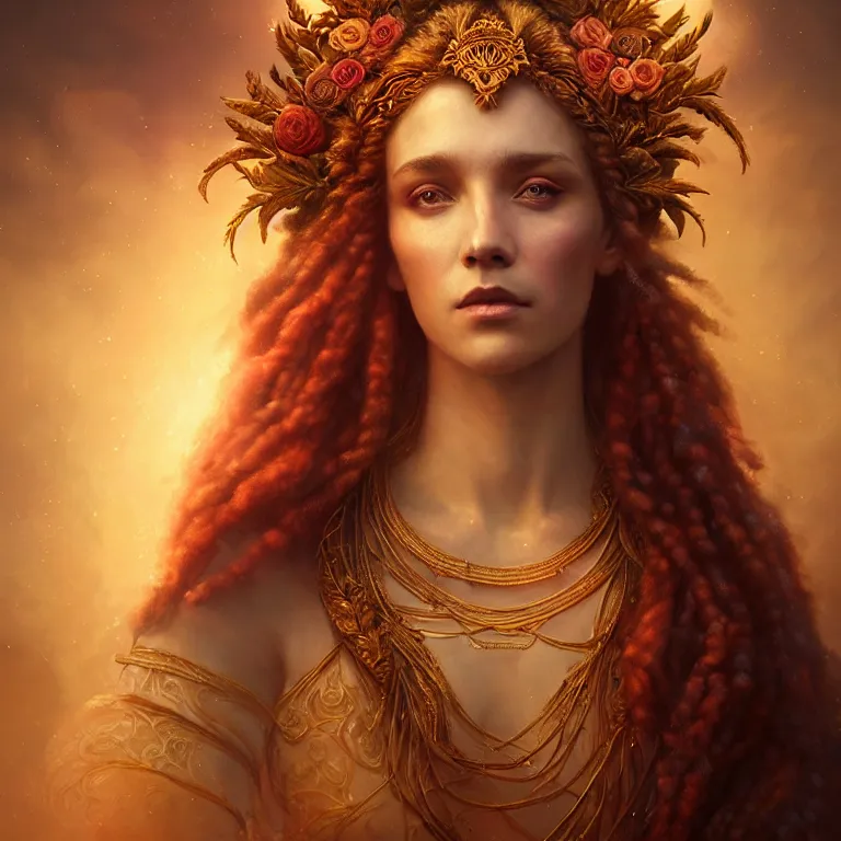 Image similar to majestic gracious regal goddess persephone portrait, ancient greece, elysium, atmospheric lighting, painted, intricate, volumetric lighting, beautiful, rich deep colours masterpiece, golden hour, sharp focus, ultra detailed, by leesha hannigan, ross tran, thierry doizon, kai carpenter, ignacio fernandez rios