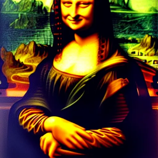 Prompt: painting of mona lisa, she has glow sticks and colorful clothes, neon lights, rave, painting by leonardo da vinci,